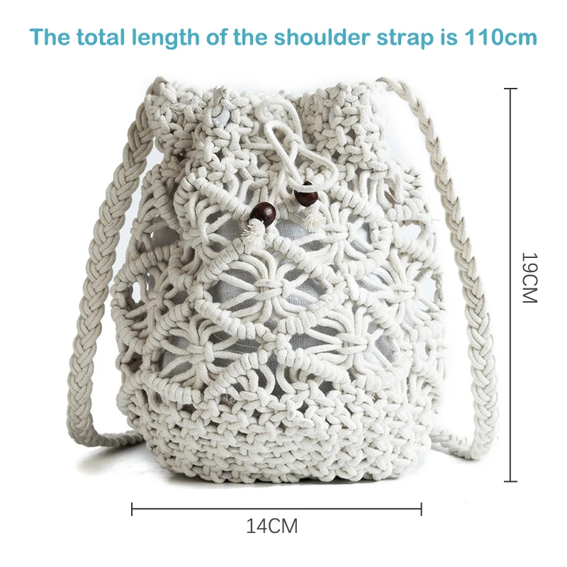 Solid Color Hand-woven Bag Women's Cotton Thread Bucket Bag Casual All-match Shoulder Messenger Bag Fashion Commute Tote Bag