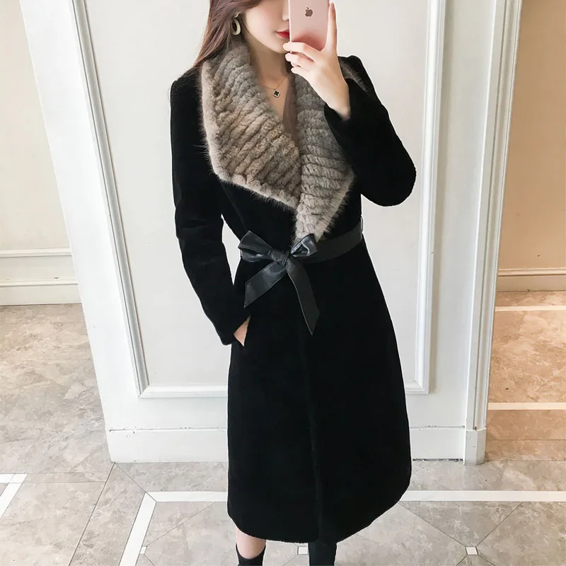 New Arrival 2022 Winter Fashion Woman Clothes 100% Wool Long Coat Natural Real Mink Fur Collar Female Streetwear Black Big Size