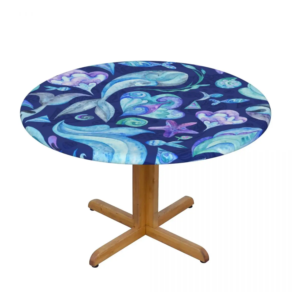 

Modern Round Table Cover Stretch Tablecloths Nautical Underwater Fishes Whales Starfishes Shells Waves Home Decor Table Cloth