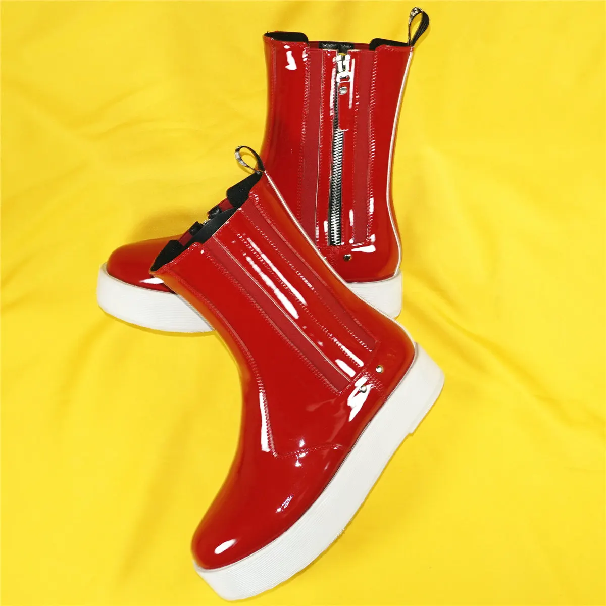 Red Fashion Sneakers Women Patent Leather Flat With Platform Pumps Female High Top Med Heel Round Toe Ankle Boots Casual Shoes