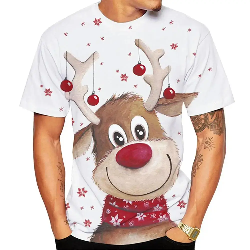 

Christmas Elk Print T Shirt For Men X'mas Harajuku Streetwear Fashion O-neck Short Sleeve Tops New Year Gift Oversized T-shirts