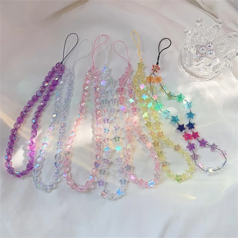 

Cute Star Beaded Phone Chain Acrylic Beaded Korea Phone Pendant Lovely Coloful Anti-Lost Phone Chain Hanging Jewelry Girl Gift