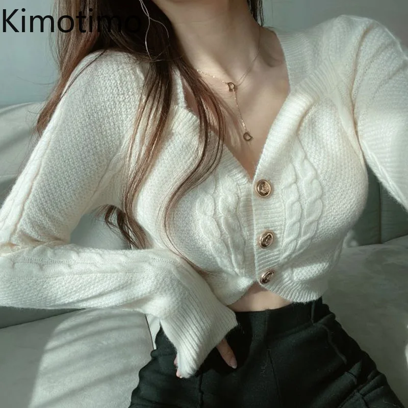 

Kimotimo Knitted Cardigan Women Autumn Winter Gentle Temperament V-neck Cropped Sweater Korean Chic Slim Long Sleeve Solid Tops