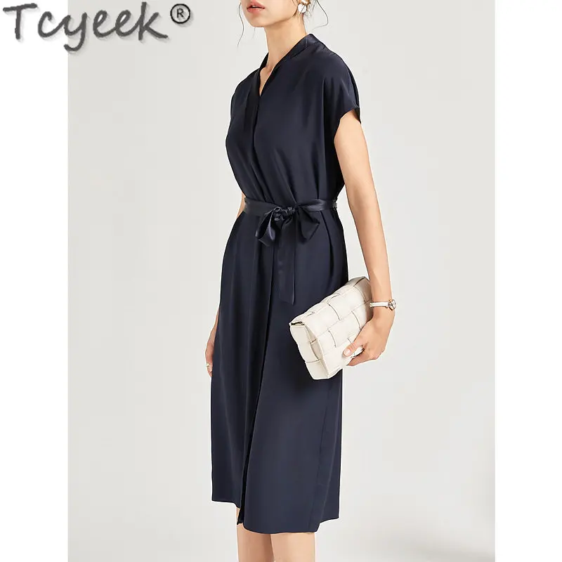 

Tcyeek V-neck Womens Dresses Summer Chic and Elegant Woman Dress 100% Real Mulberry Silk Dresses for Women Clothes Vestido Mujer