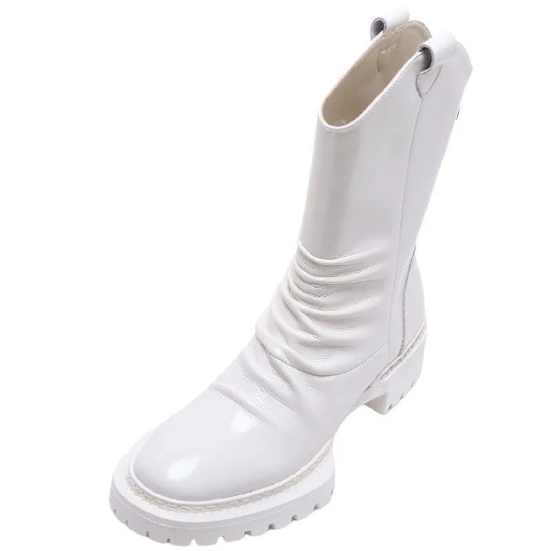 

Dilalula Popular Cool Women Mid-Calf Boots Fashion Platforms Autumn Winter Thick Heels Genuine Leather Back Zipper Shoes Woman