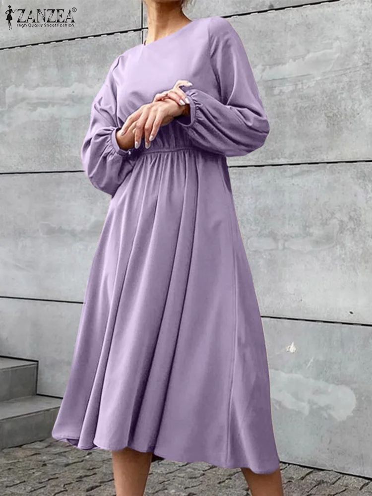 

Elegant Dress For Women 2022 Spring Party Puff Sleeve Robe ZANZEA Chic Vintage Solid Vestidos Holiday Casual Baggy Midi Dresses