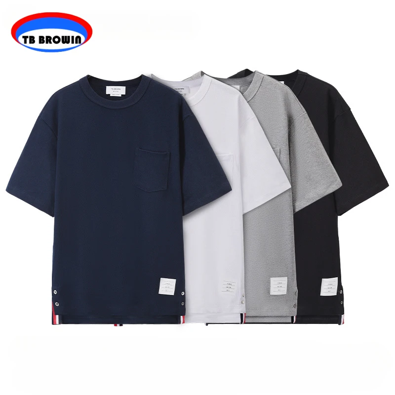 

TB BROWIN Round Neck T-shirt Men's Short Sleeve Tops Summer Fashion Red White Blue Ribbon Stripe Cotton Solid Color Men Clothing