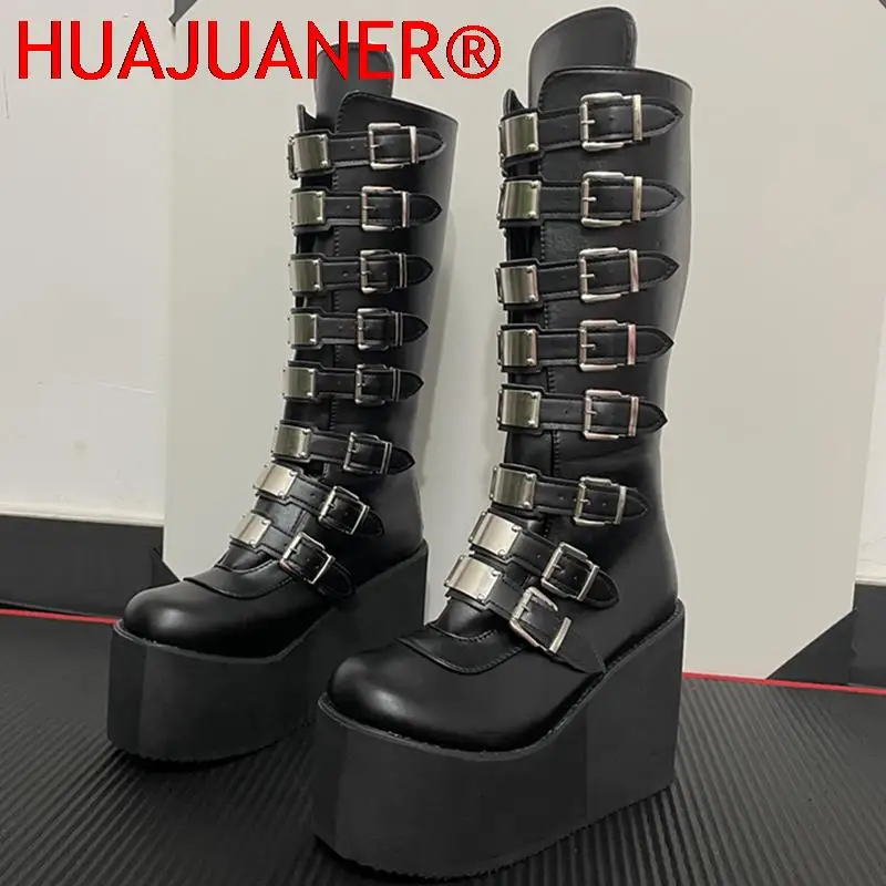 

Brand Design Big Size 43 Black Gothic Style Cool Punk Motorcycles Boots Female Platform Wedges High Heels Calf Boots Women Shoes