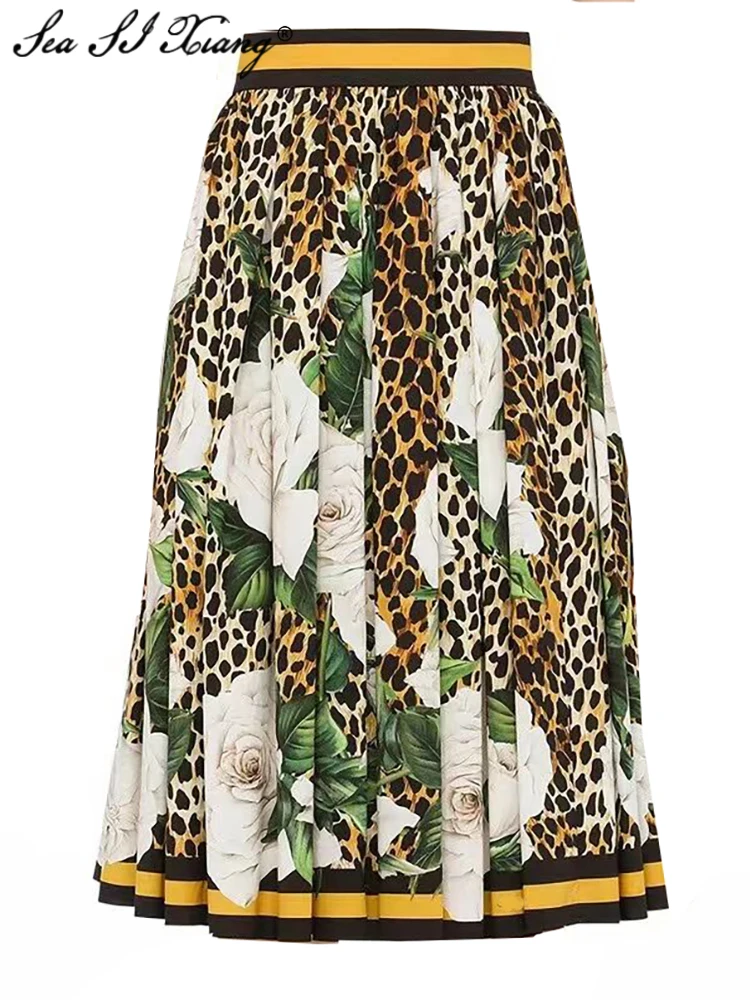 Seasixiang Fashion Designer Early Autumn 100% Cotton Skirt  Leopard Flower Print  High Waist Vintage Skirt