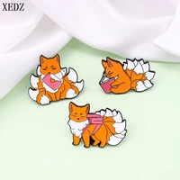 xedz cute nine tailed fox enamel pin custom fox reading backpack animal brooch lapel pin badge fashion jewelry gift