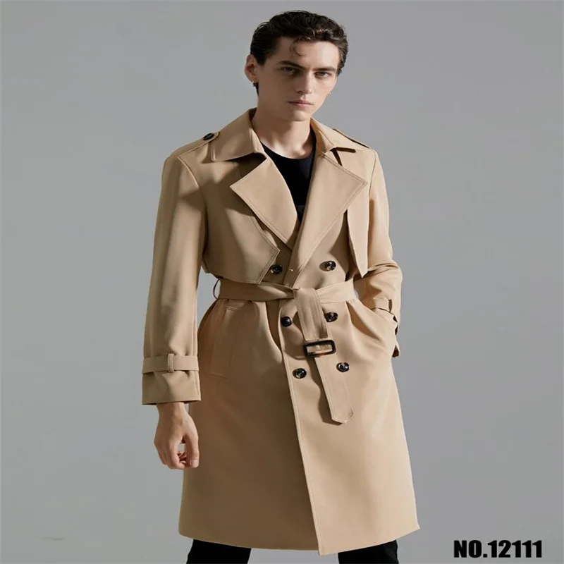 

Тренчкот мужской длиной до колен, ветровка с двубортным рядом пуговиц, длинная стильная накладная одежда цвета хаки, на весну