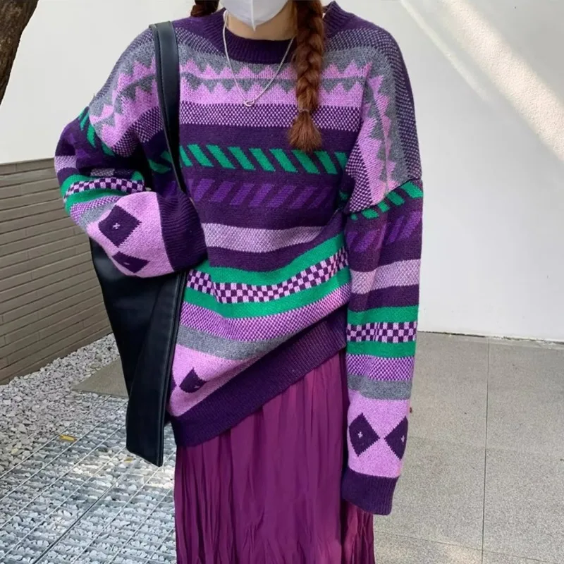

Women Vintage Knitted Sweater Fashion Retro Striped Round Neck Sweaters Pullover Loose Casual Sweater Long Sleeve Top Clothes
