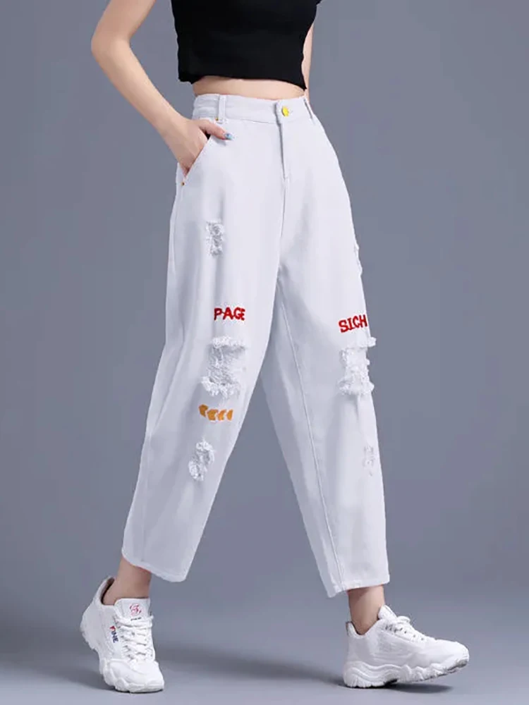 

Модные рваные джинсы в Корейском стиле с высокой талией и надписью, повседневные уличные женские брюки до щиколотки, свободные рваные джинсы для женщин