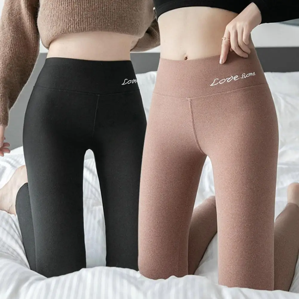 High Waist Embroidery Letter Print Seamless Thickened Women Leggings Autumn Winter Solid Fleece Lining Thermal Pants Streetwear