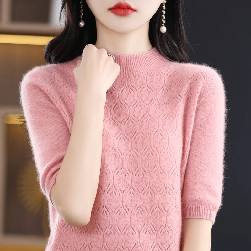 

100% pure wool T-shirt spring and summer new women's half-high neck pullover short sleeve slim fitting five-quarter sleeve knitt