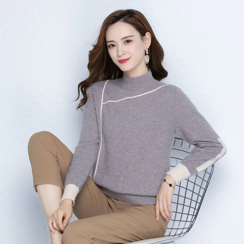 Minimalist Style Women Cosy Rabbit Wool Pullovers Black Grey Beige Blue Red Half High Neck Sweaters Woolen Knitwear Winter 2022