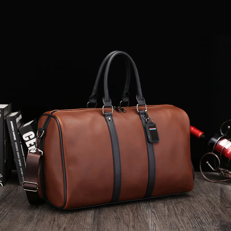 Vintage PU Leather Men Luggage Travel Bag Large Capacity Shoulder Duffel Bag Sports Fitness Gym Bag Weekend Male Hanbag