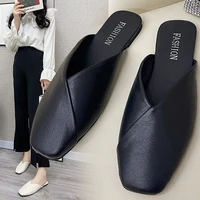 women mules 2022 summer elegant square closed toe flats slippers female shoes casual leather black white slides plus size 35 43