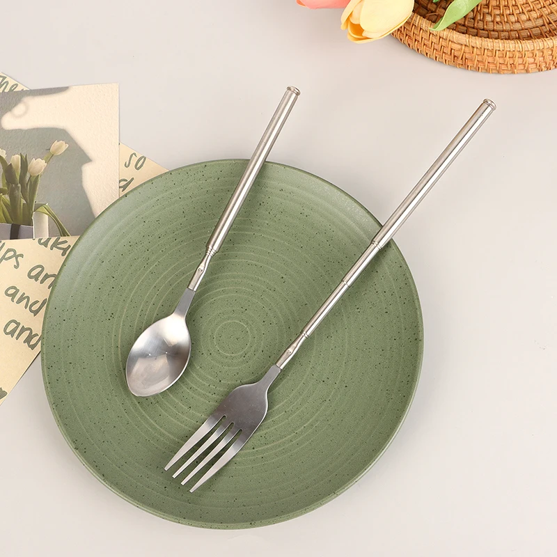 Серебряная телескопическая выдвижная ложка-вилка из нержавеющей стали длинные