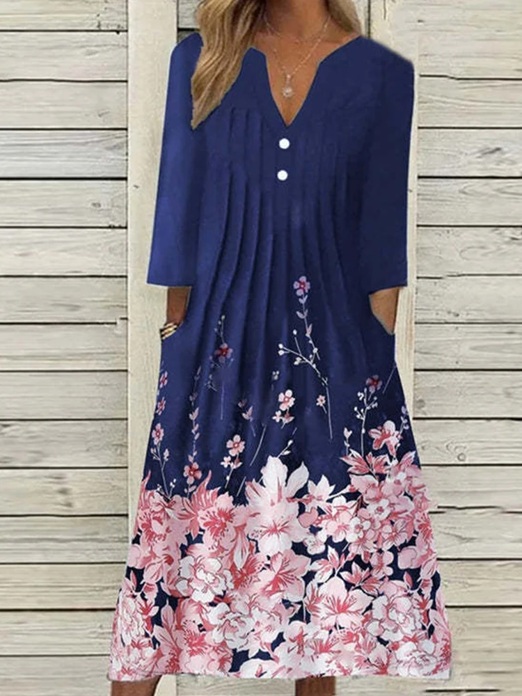 

Women Sexy V Neck Button Midi Dress Vintage Pattern Print Loose Party Dress 2022 Spring Summer Casual Half Sleeve Pullover Dress