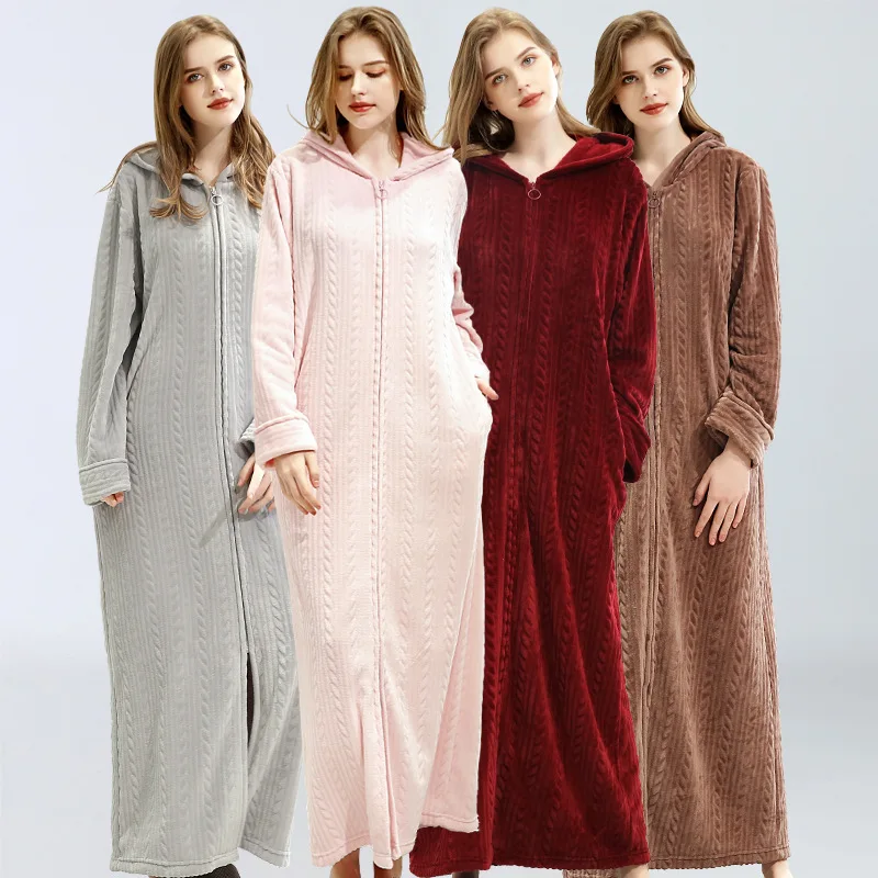 Soft Women's Winter Bathrobe Flannel Long Sleeve Hooded Ladies Dressing Gown Thick Warm Fluffy Zipper Bath Robe For Female