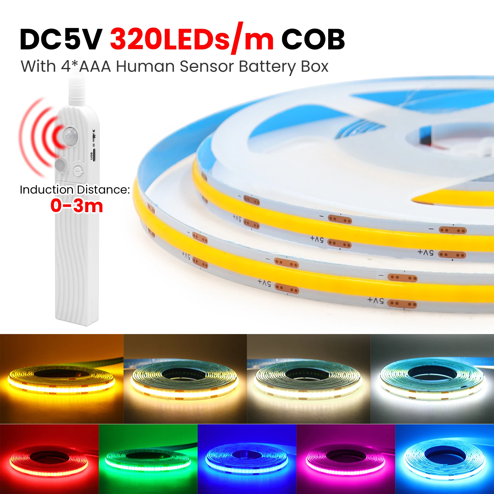 

HEGEHE COB светодиодная лента с датчиком движения 5В 320LED/м 0.5/1/2/3/4/5 м