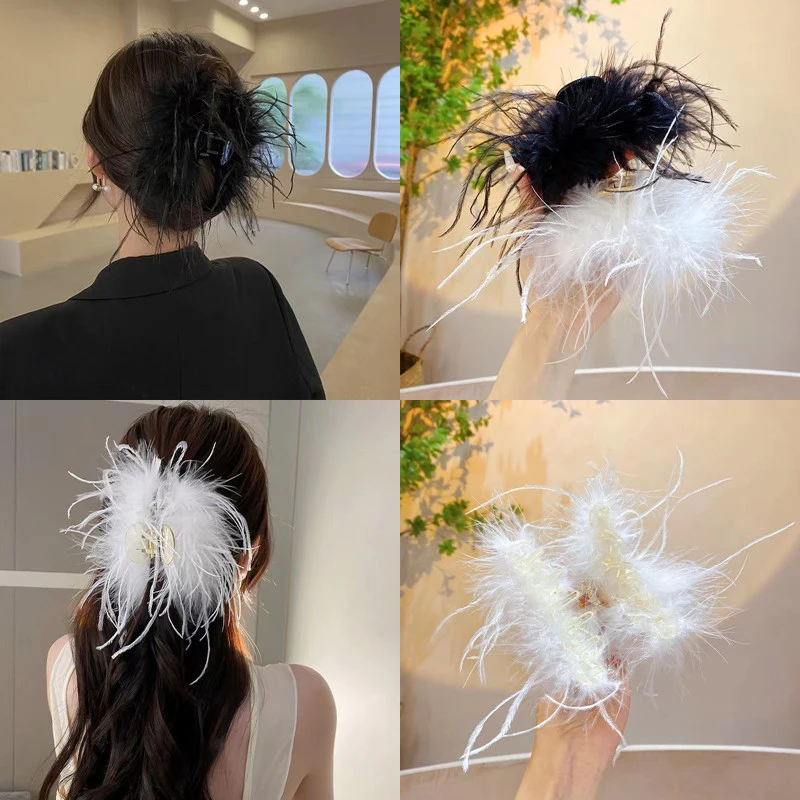 

Black White Feather Hair Claws Plush Hair Clips For Women Ostrich Hairpin Shark Barrette Girls Korean Fashion Hair Accesseries