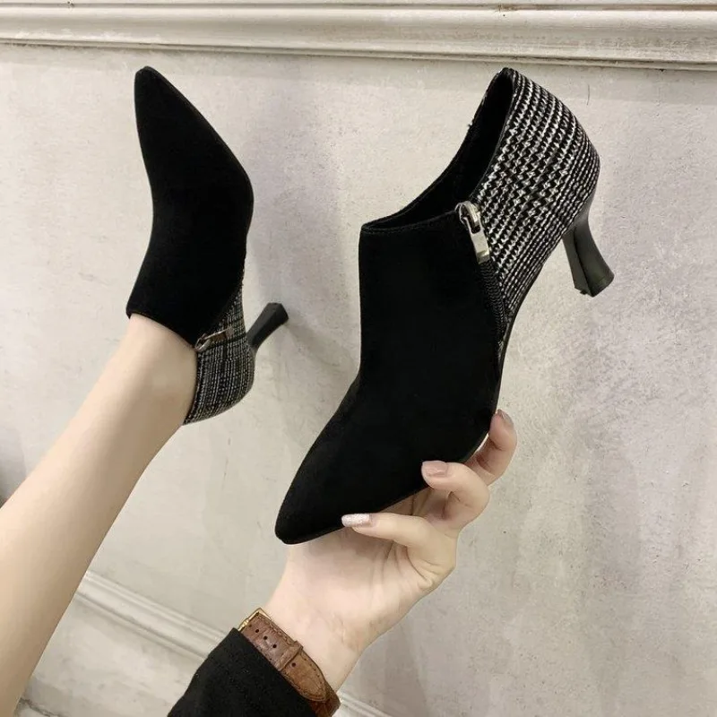 

Booties Suede Footwear Pointed Toe Black Short Shoes for Women Heeled Female Ankle Boots Very High Heels Autumn Y2k on Promotion