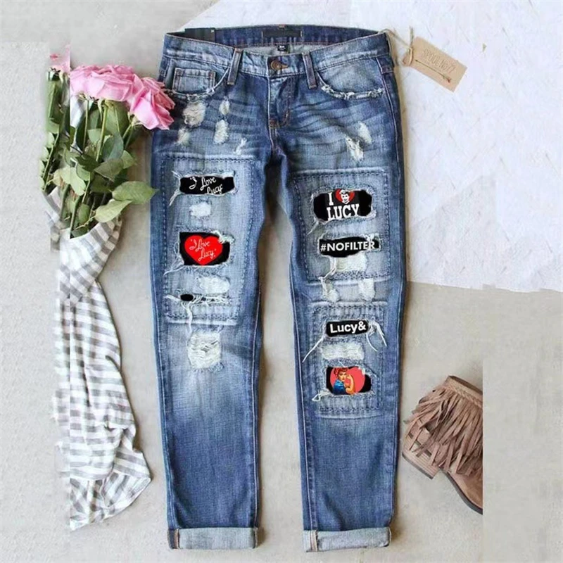 

New Independence Day July 4th Boy Girl Denim Ripped Cuffs Straight Jeans Lady Trousers Women's Men's Clothing Ninth Pencil Pants