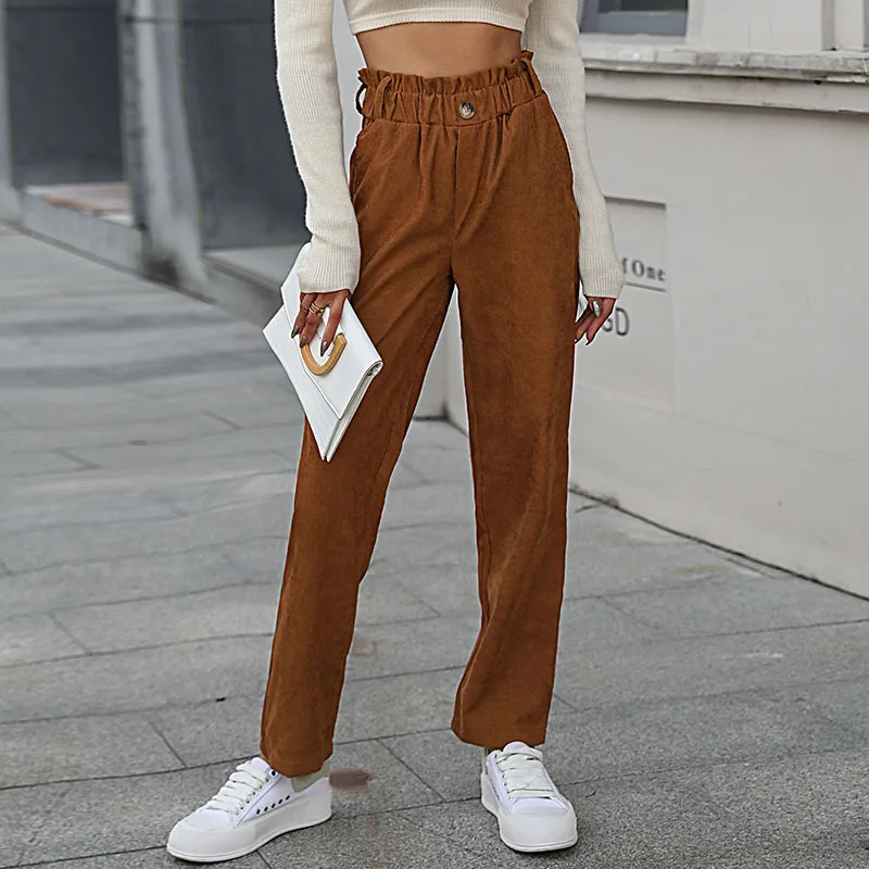 

New Women Ins Retro Relaxed Elastic Pants Commuter Corduroy Straight Vintage Brown Streetwear Trousers