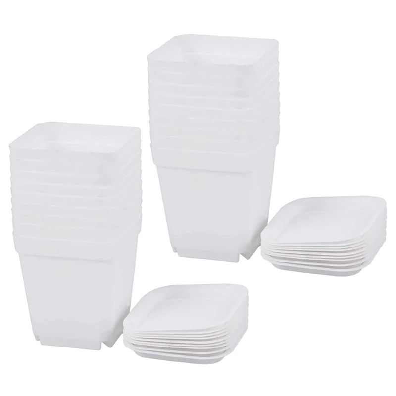 100 Pack 2.7Inch White Square Plastic Plant Pots With Saucer,Seedling Nursery Transplanting Planter Container For Garden