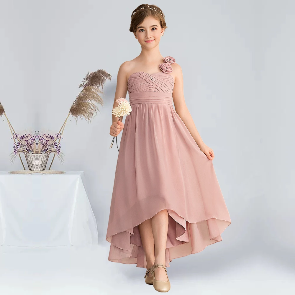 A-line One Shoulder Asymmetrical Chiffon Junior Bridesmaid Dress With Flower Bow Dusty Rose Flower Girl Dress for Kids Summer