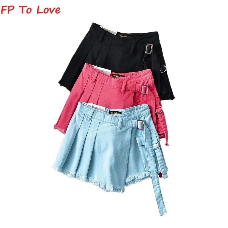 

FP TO LOVE Ladies Rose Red Denim Culottes Irregular Belt Black High Waist Pleated Skirts Blue Raw Edge Jeans Wide Leg Pants