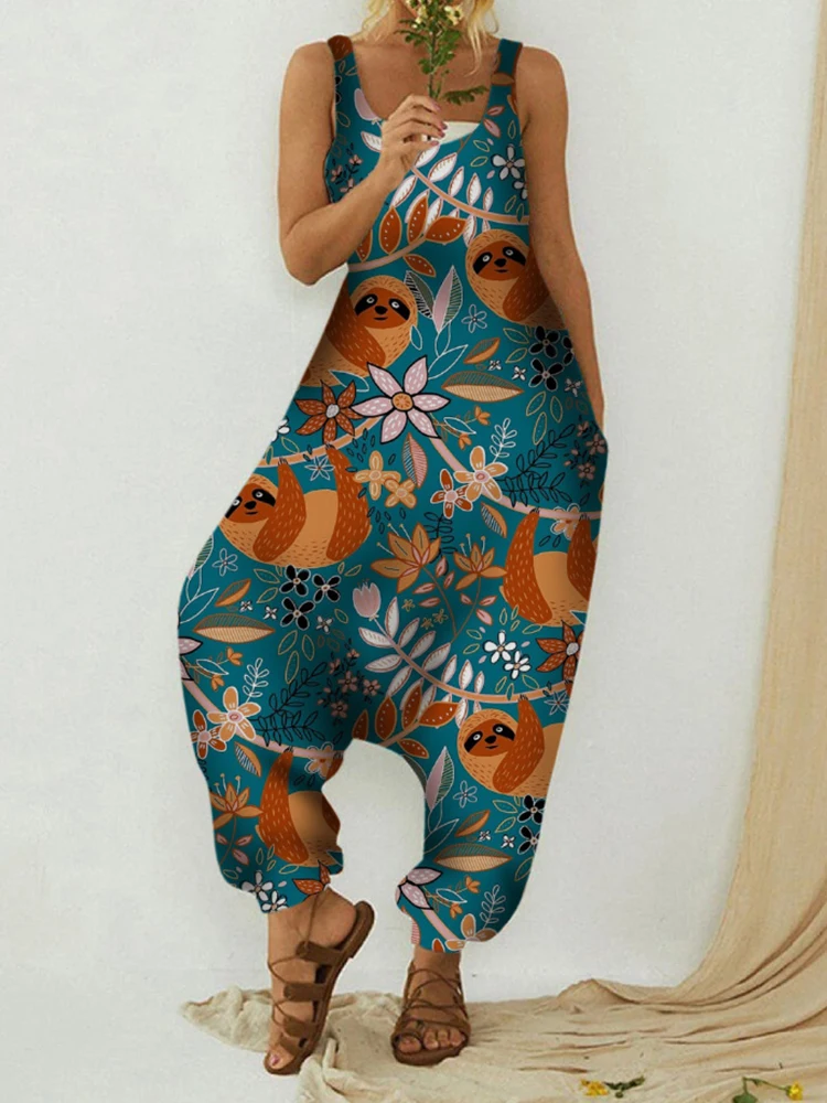 

Women Elegant U Neck Pocket Jumpsuits Women's Casual Animal Print Straps Wide Leg Bundle Feet Vintage Loose Overalls Playsuits