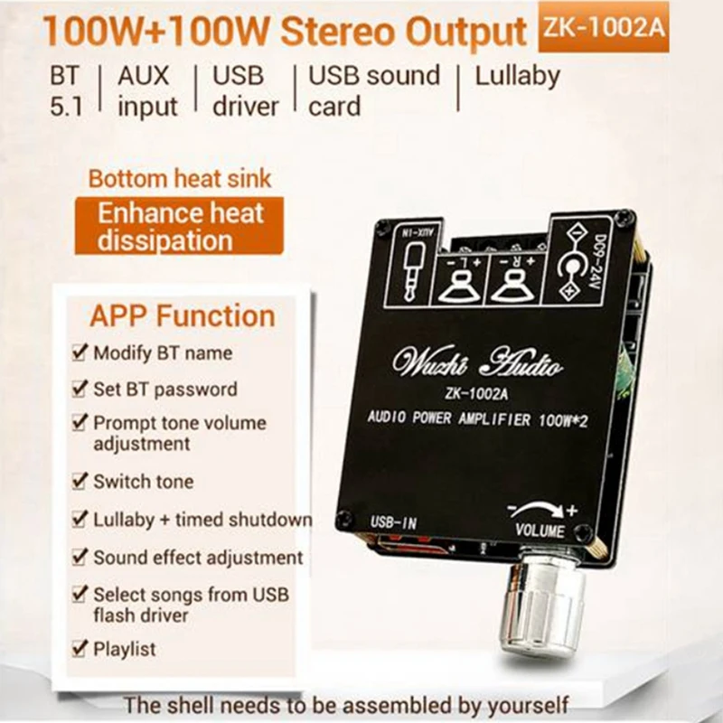 

BAAY ZK-1002A Amplifier Board Bluetooth 5.1 Digital Audio Amplifier Board 100W+100W Stereo 2.0Channel Power Amplifier Module