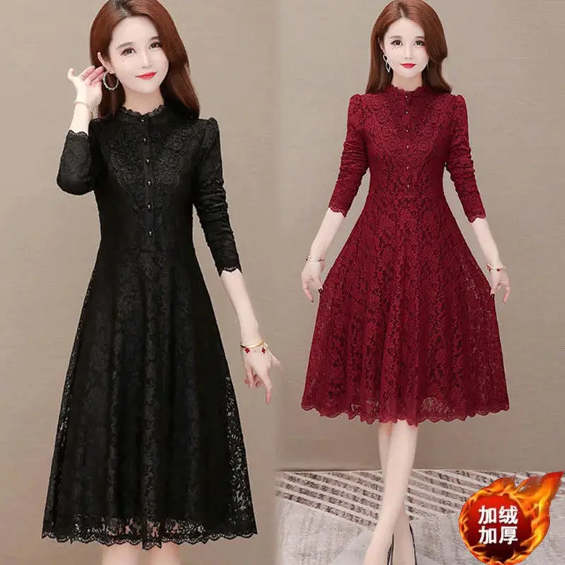 Женское однотонное кружевное платье с длинным рукавом и высоким воротником