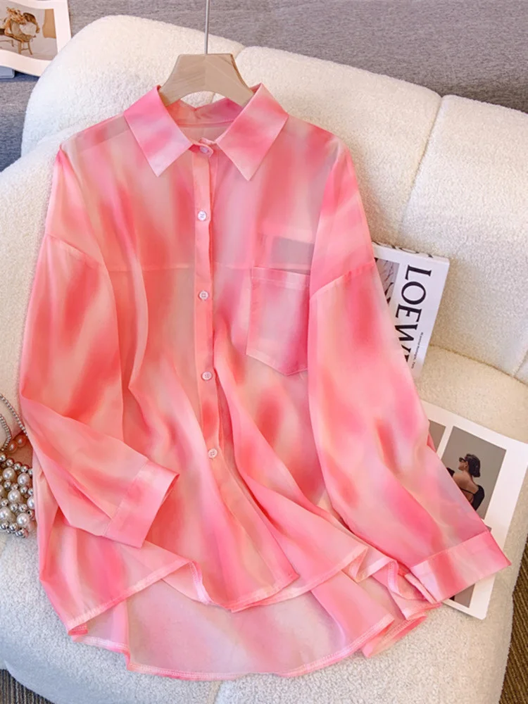 

Fashion Pink Tie Dye Lapel Shirt Women Casual Pocket Long Sleeve Loose Blouses Female 2023 Autumn New Tide Chic Lady Tops Y751