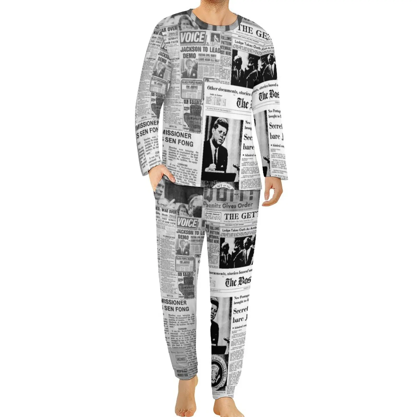 

Newspaper Collage Pajamas Long Sleeves Old American Newspapers 2 Pieces Bedroom Pajama Sets Male Graphic Cool Oversize Nightwear