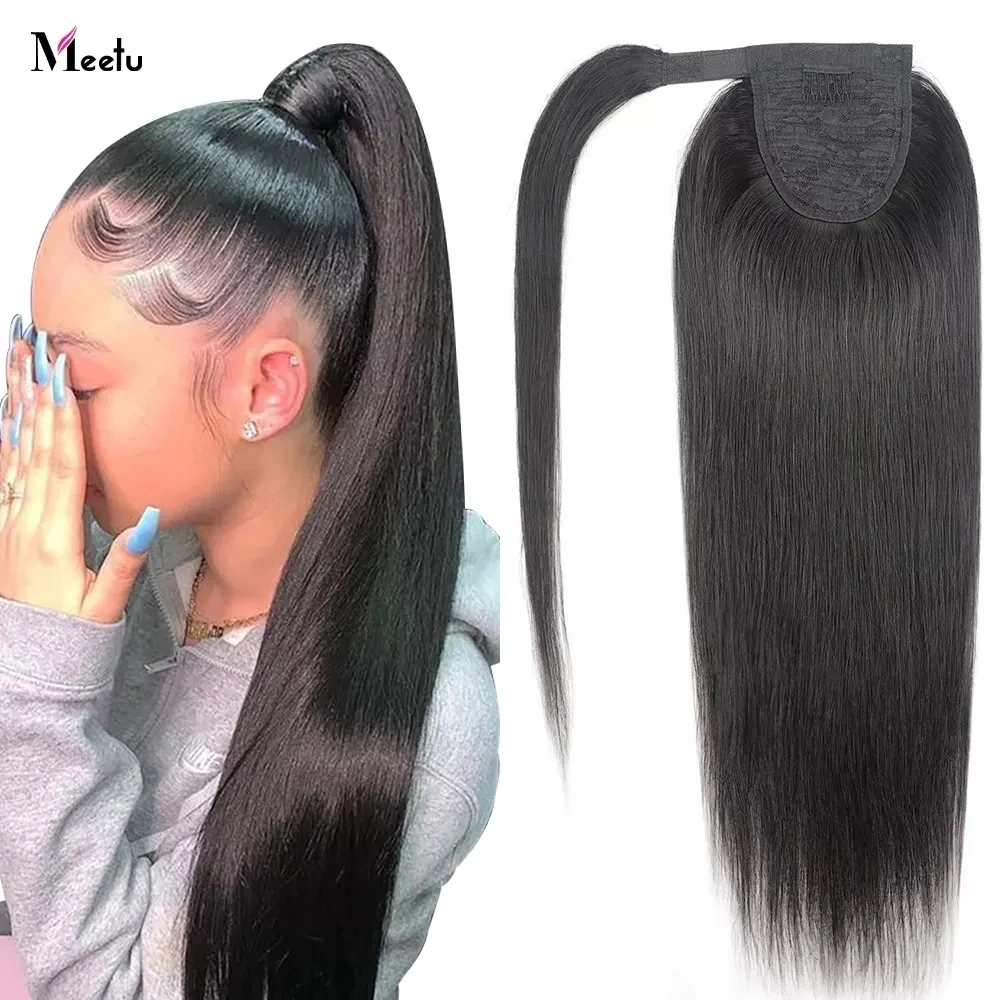 Meetu Ponytail Human Hair Wrap Around Straight Ponytail Extensions Remy Hair Ponytails Clip in Hair Extensions Natural Color