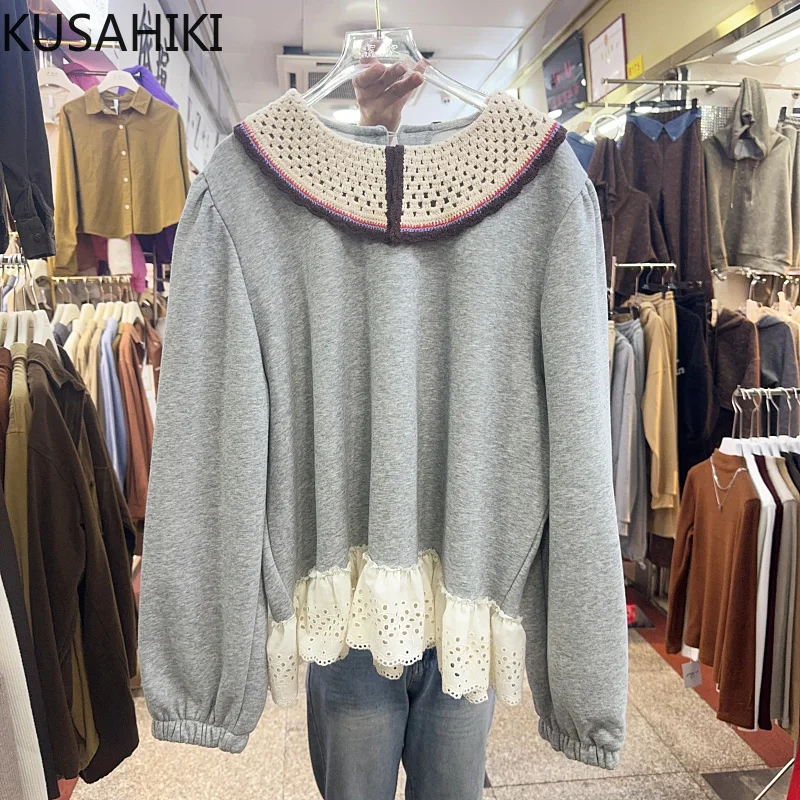 Корейский стиль 2023 Осень-зима повседневная флисовая толстовка с кружевным