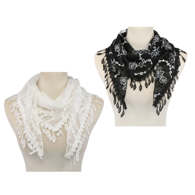 

Floral Print Scarf Lace Triangle Scarf With Fringe Headcovering Scarf Summer