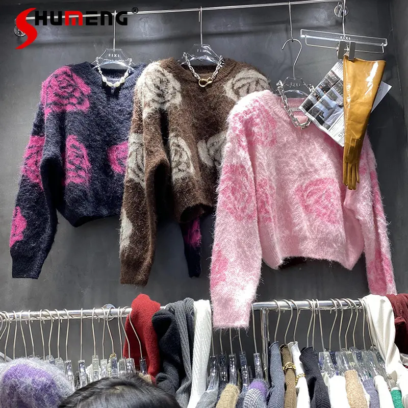 

Модный пуловер контрастных цветов в стиле ретро, женский свитер, новинка зимы 2022, элегантный Свободный Вязаный топ в Корейском стиле с длинн...