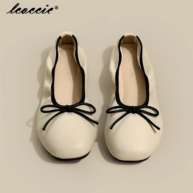 

Slip on Shoes for Women Fashion Soft Leather Female Summer Bow Casual Square Head Flat Bottom One Stirrup Single Shoes White