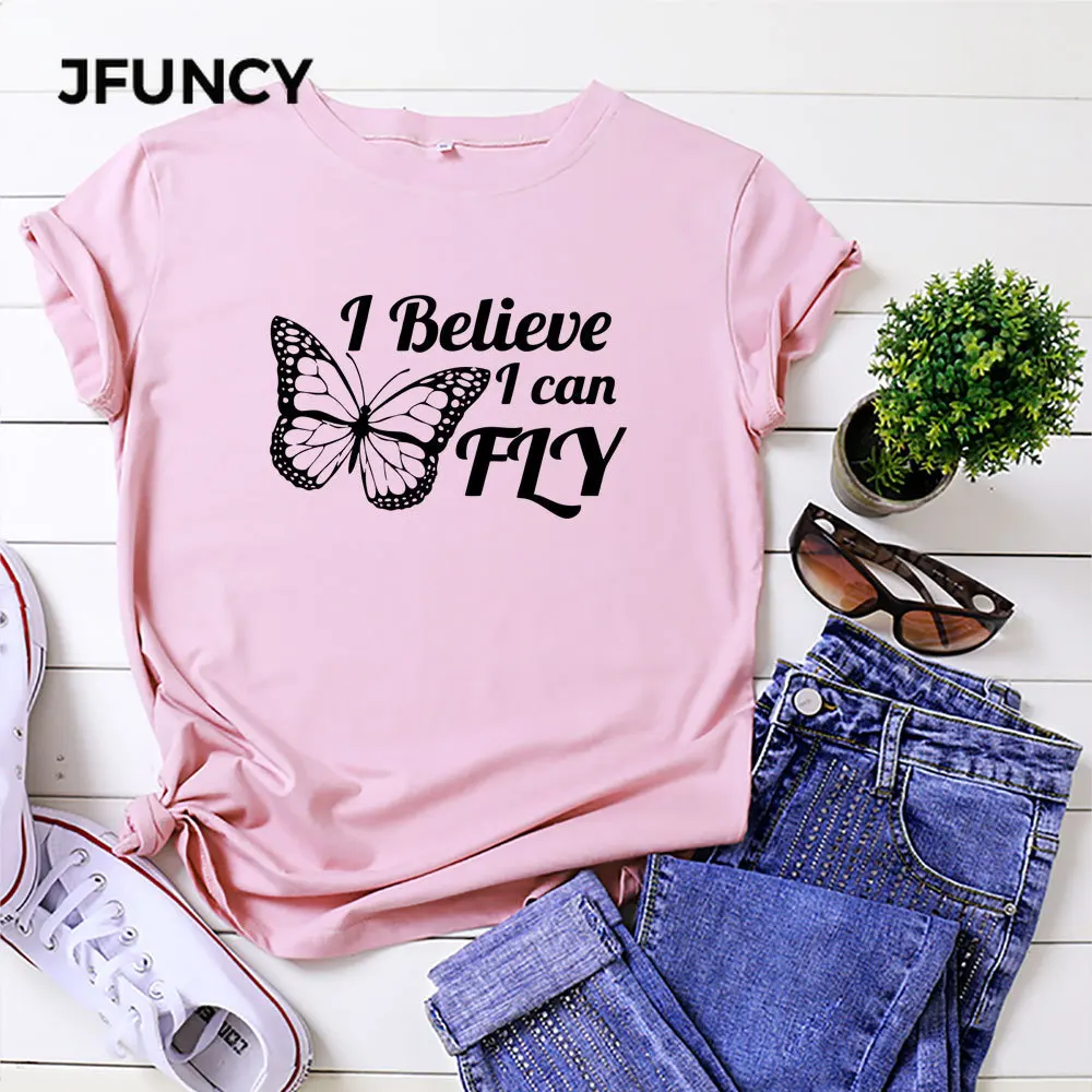 JFUNCY Oversize 5XL Women's Tops 100% Cotton Women Loose Tee Shirt Letter Print Woman Shirts Summer T-shirt Short Sleeve Tshirt