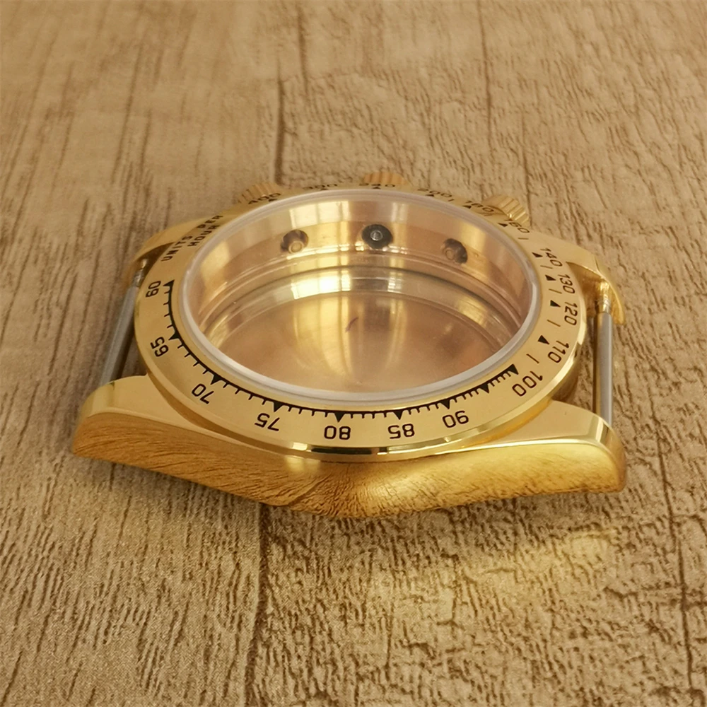 39mm PVD 316L Stainless Steel Gold Watch Case Strap Chronograph Case for VK63 Quartz Movement 29.5mm Dial Watch Modified Parts