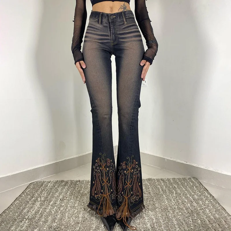 

Gothic Y2k Vintage Flared Jeans 2000s Grunge Floral Print Denim Pants Women Slim Casual Pants Retro Streetwear Harajuku Trousers