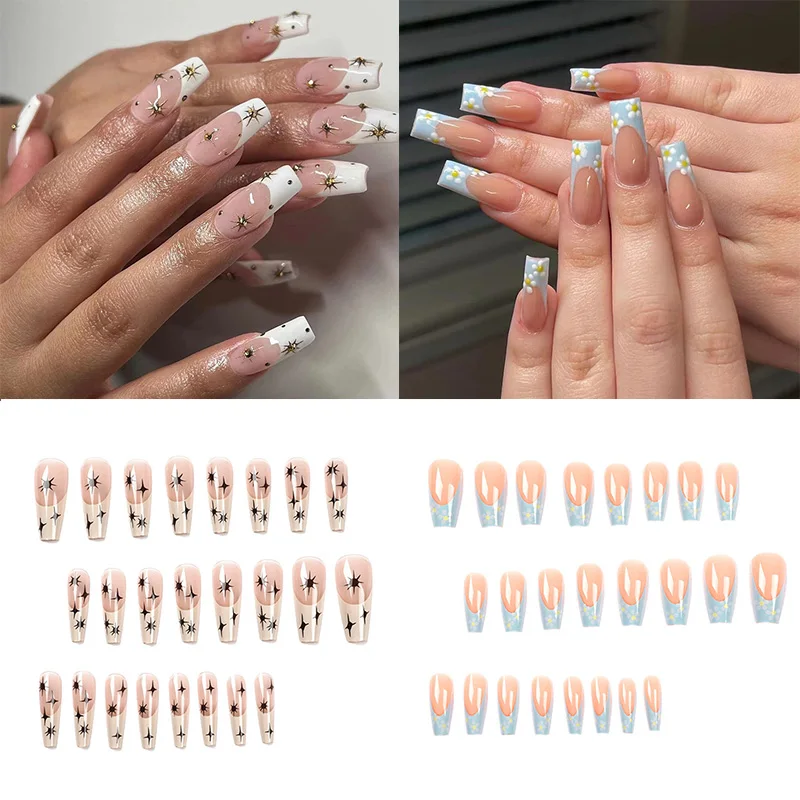 

24PCS False Nail Artificial Nail Extension Press On Nail Long Square 3D Coffin Manicure Full Cover Detachable False Nail Tips