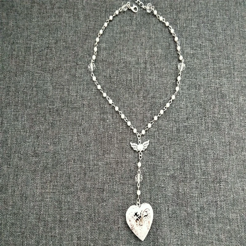 

Handmade Fairy Core White Pearl Heart Locket Rosary Style Necklace