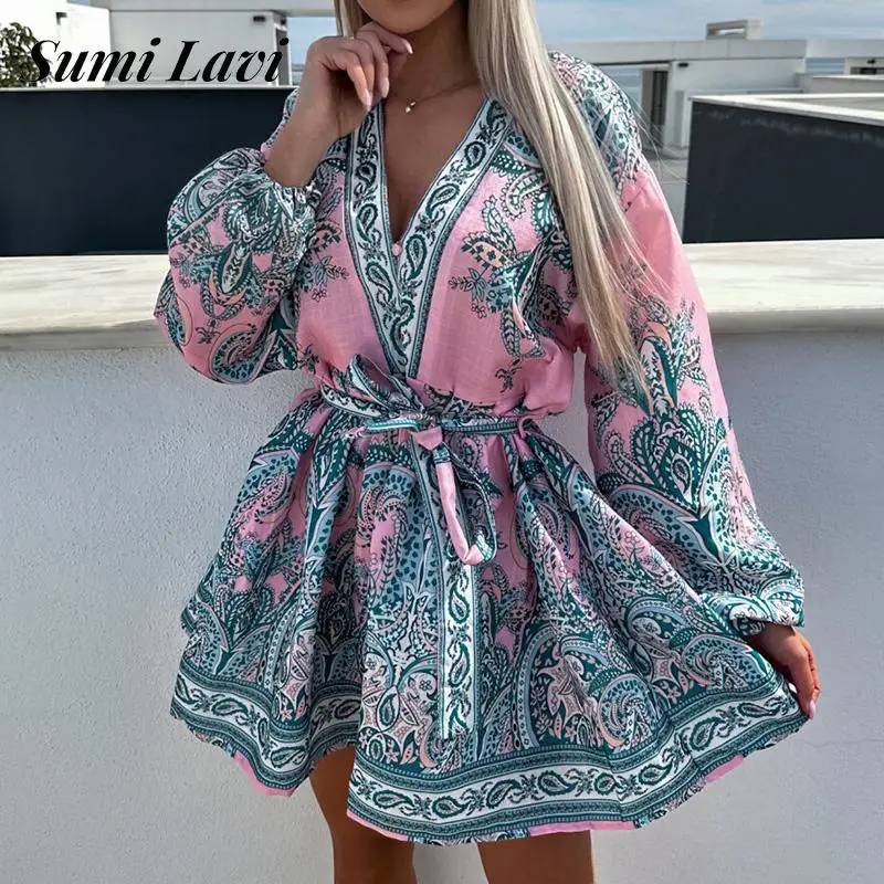 

Женское однобортное платье-трапеция, весеннее платье с длинным рукавом и принтом в этническом стиле, мини-платье с V-образным вырезом, повседневные женские платья со шнуровкой на талии