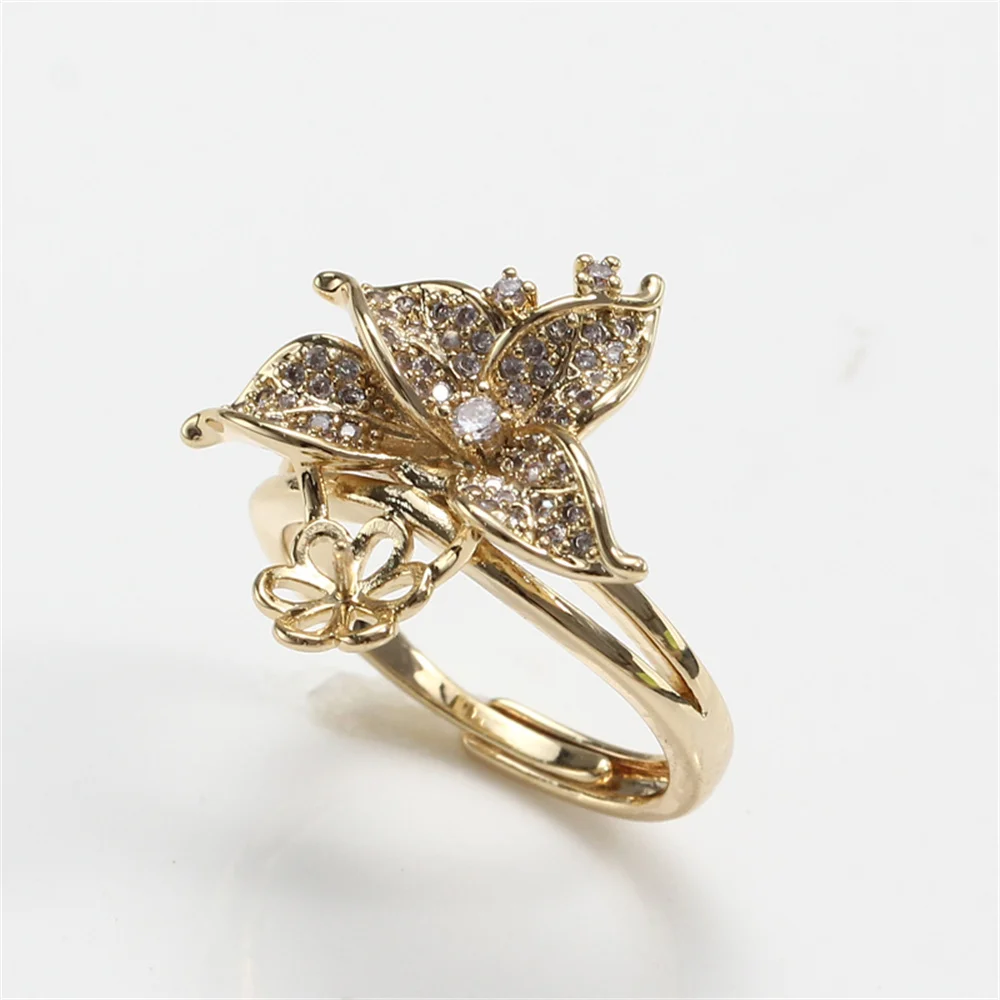 

Copper covered gold plating real gold K gold process flowers zircon pearl ring empty bracket live mouth DIY accessories